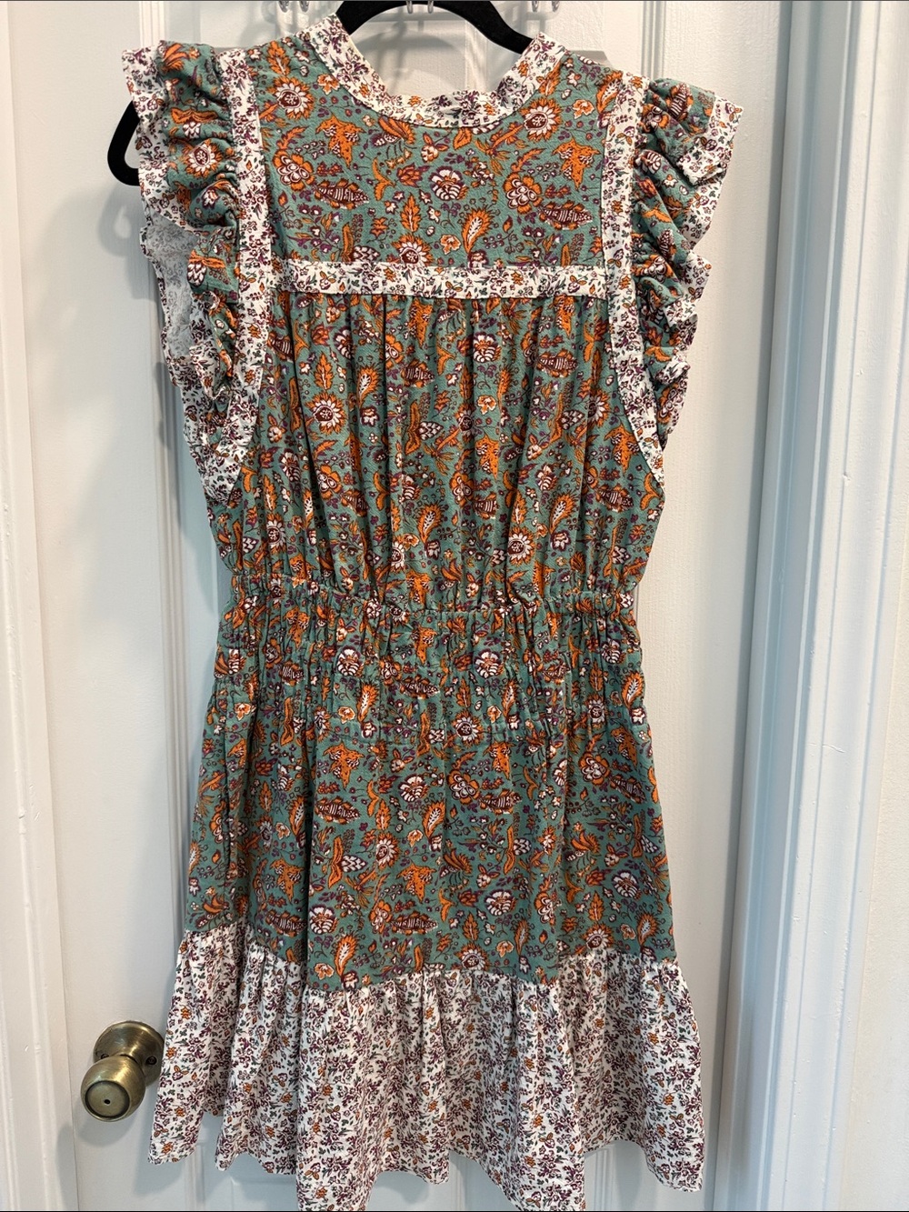 Juniors/Women’s Floral Paisley Ruffle Dress - Green/Orange/Cream/Purple